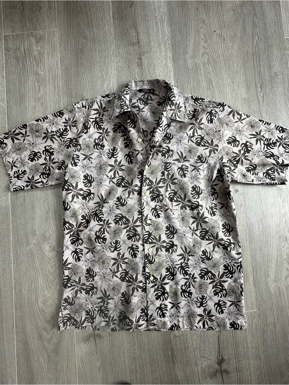 Bugle Boy Vintage 90s Linen Cotton Aloha Shirt Neutral Leaf Small Camp Hawaiian